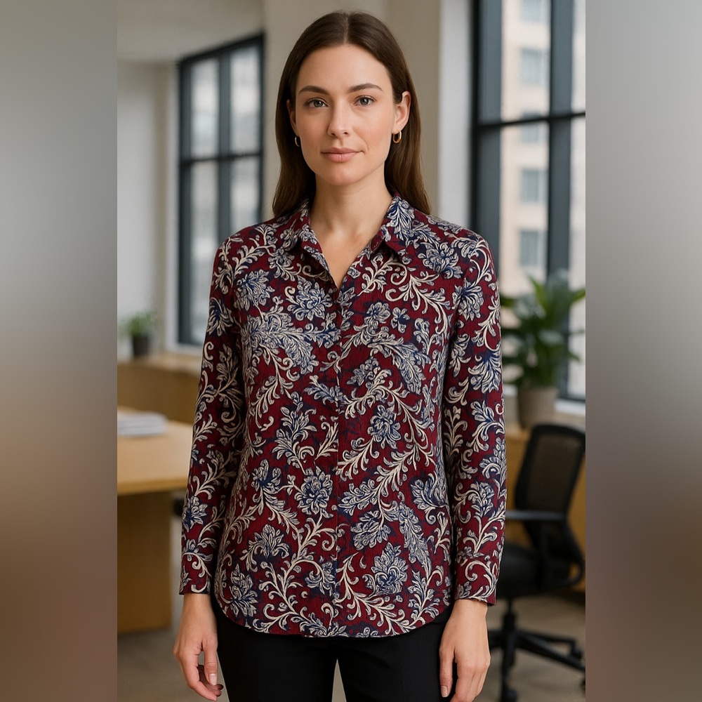 NWOT NorthStyle Burgundy and Blue Paisley Floral Shirt Size Medium